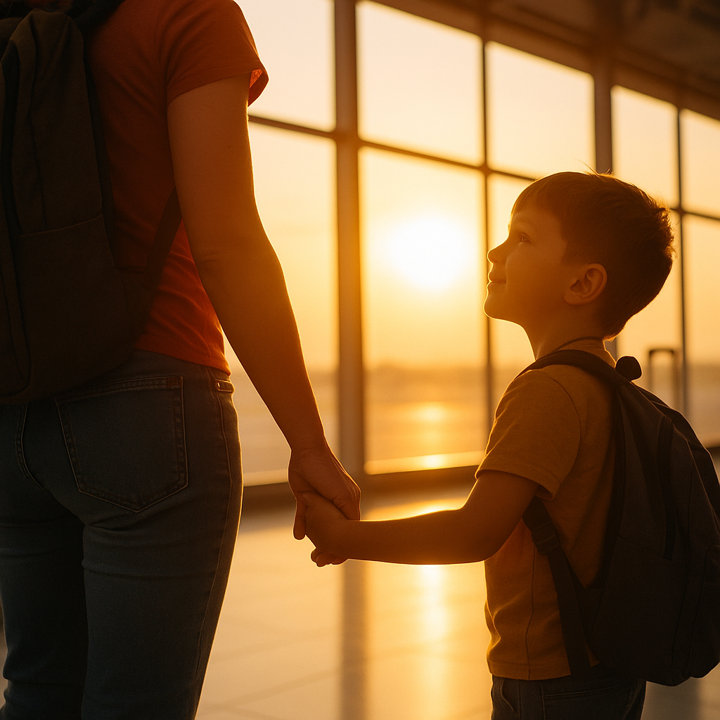 Mother and young son holding hands at the airport at sunset, preparing for single mom travel